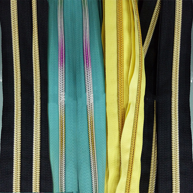 made in china custom zippers #5 rainbow color teeth  gold & silver teeth nylon long chain  zippers tape for garments bags 