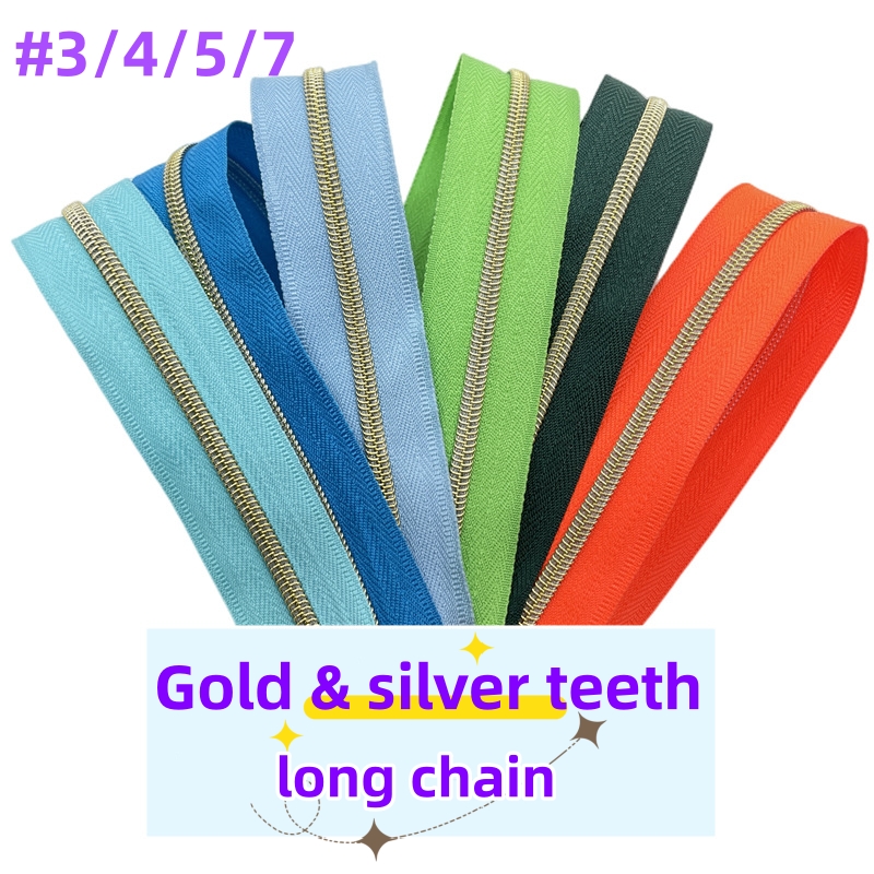 made in china custom zippers #5 rainbow color teeth  gold & silver teeth nylon long chain  zippers tape for garments bags 