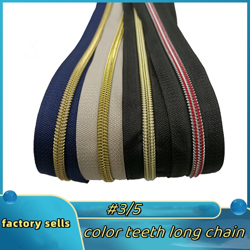 made in china custom zippers #5 rainbow color teeth  gold & silver teeth nylon long chain  zippers tape for garments bags 
