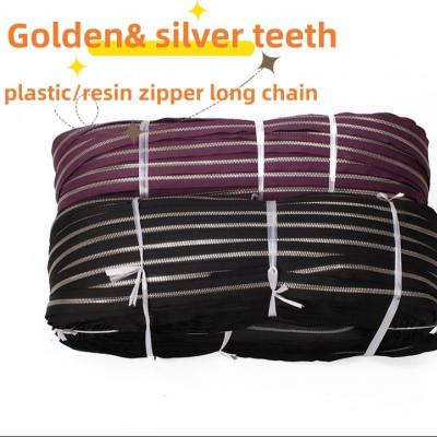 Garments  brand zipper manufacturer  fashional design special gold teeth  silver teeth long chain by yards rolls  plastic zipper