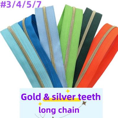 made in china custom zippers #5 rainbow color teeth  gold & silver teeth nylon long chain  zippers tape for garments bags 