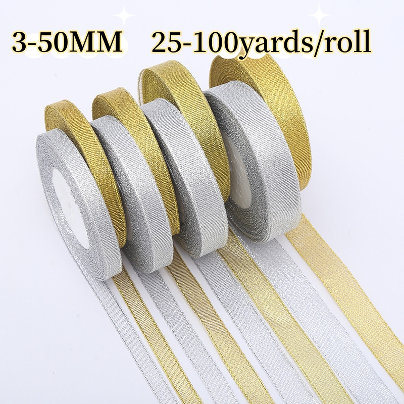 factory maket  Glitter Ribbon Gold Silver Metallic Ribbon Gift Wrapped Custom Ribbon for DIY Bows Decoration tape 