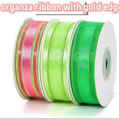 whosale  customized colors  gift packing wrapping golden edge organza ribbon for gift decoration